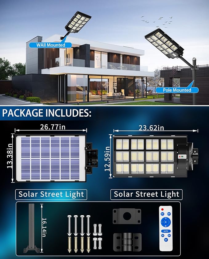 JAYNLT Y-6800W Solar Street Lights Outdoor 600000LM 6500K Powerful Parking Lot Lights Commercial Duks to Dawn Solar Lamp Outdoor with Motion Sensor for Yards Driveways