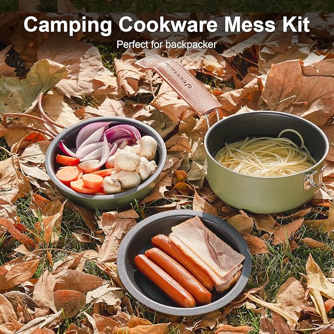 Odoland 10pcs Camping Cookware Non-Stick Camping Pot and Pan Set with Plate Bowl Fork Knife Spoon for Backpacking Hiking Outdoor Cooking and Picnic