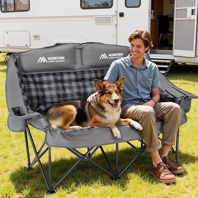 Padded Double Camping Chair High Back 2 Person Camping Chair Oversized Camping Loveseat Support 800LBS Heavy Duty Camping Couch with Cup Holders Cooler Carry Bag Blue