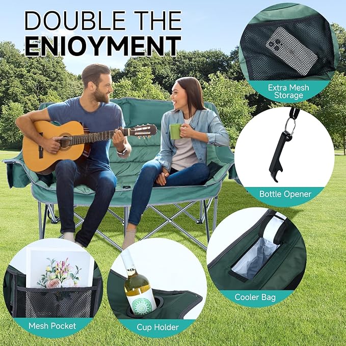 CDEN Double Padded Camping Chair Oversized Folding Loveseat Portable Outdoor Sofa with Cup Holders Carry Bag Cooler Bag Bottle Opener for Camping Picnic Lawn Garden (Green)