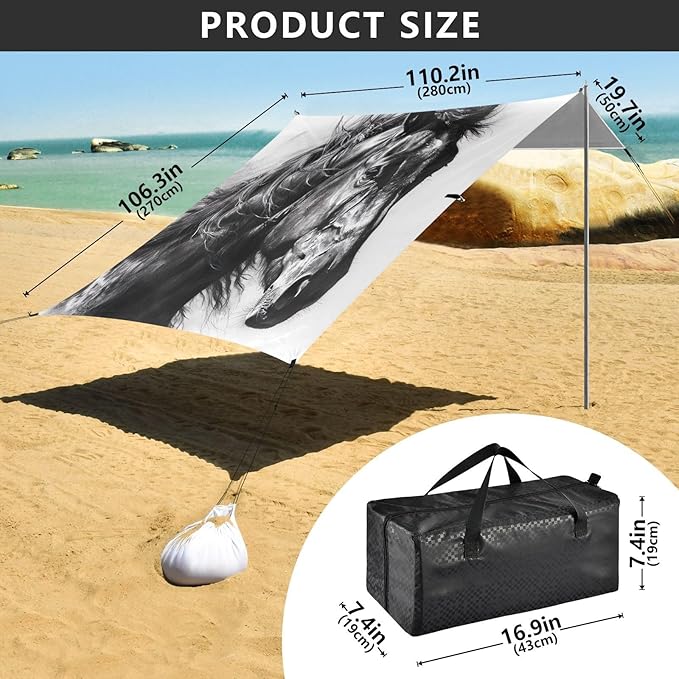 Drawing Horse Beach Tent Sun Shelter 9.2' x 10.5' Beach Canopy with 4 Sandbags 4 Stability Poles Sand Shovels - Tent Canopy for Beach Camping Fishing Picnics
