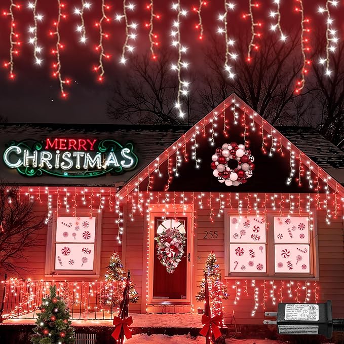 YEGUO 33ft 400 LED Red and White Icicle Lights Outdoor Waterproof 80 Drops Icicle String Lights Connectable 8 Modes Icicle Christmas Lights with Memory