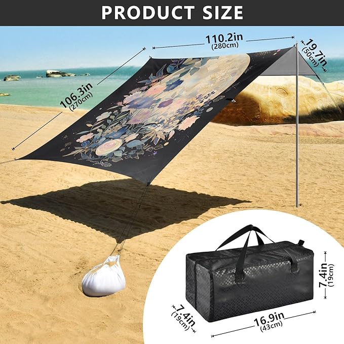 Bolaz Beach Canopy Tent Sun Shade9'×10.5' Large Family Beach Shade UPF50+- Outdoor Shade for Camping Trips FishingFlowers Moon