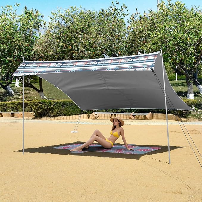 ALAZA Seafish Anchor Stripe Beach Tent Sun Shelter UPF50+ Protection Beach Shade Canopy w/ 4 Sandbags for Outdoor Camping Fishing Backyard Fun Picnic 10x9 ft