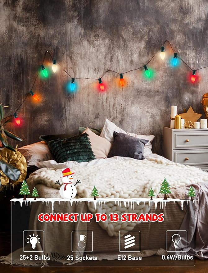 C7 LED Multicolor Christmas Lights 25FT C7 Vintage Christmas Lights with 27 LED Multicolor Glass Bulbs Outdoor String Lights for Xmas Tree Home Yard Patio Decor Green Wire