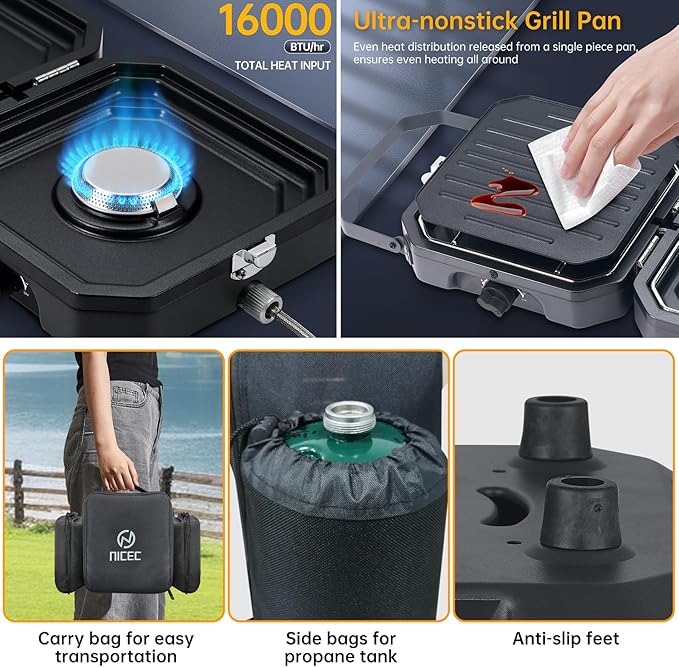 Nice C Camping Stove Portable Camping Stove Propane 2 Burner Propane Gas Stove Mini Propane Grill 16000 BTU Camp Stove with 2 Burner Grill &amp Carry Bag for Camping