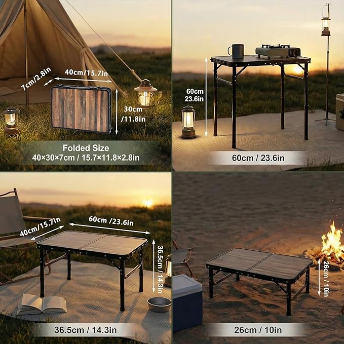 Small Folding Camping Table 2ft Portable Picnic Table Aluminum 24 x 16 Folding Table 3 Adjustable Heights Portable Lightweight Table Dining Table for RV Picnic Beach (Wood Grain)