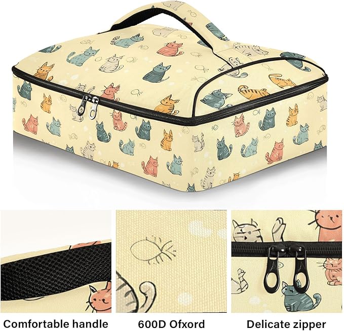 Casserole Carrier Interesting Patterns Cats and FishInsulated Casserole Carrier for Hot or Cold Food Thermal Lunch Tote for Potluck Parties Picnic Fits 9 x 13 Inches Baking Dish