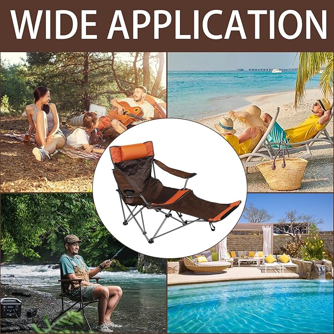 Camping Lounge Chair with Headrest Footrest and Storage Bag Portable Folding Reclining Camping Chair with Foot Rest for Adults Outdoor Camping Beach Hiking Fishing (Orange Brown)