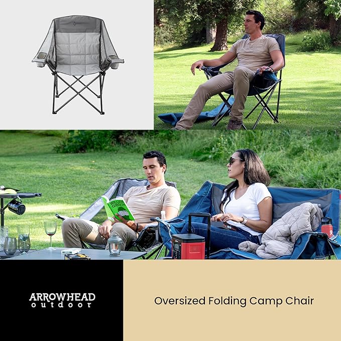 ARROWHEAD OUTDOOR Oversized Folding Camping Chair Heavy-Duty 300 lbs Capacity Adjustable Double Cup Holder Mesh Panels Inner Storage Pockets &amp Carry Bag