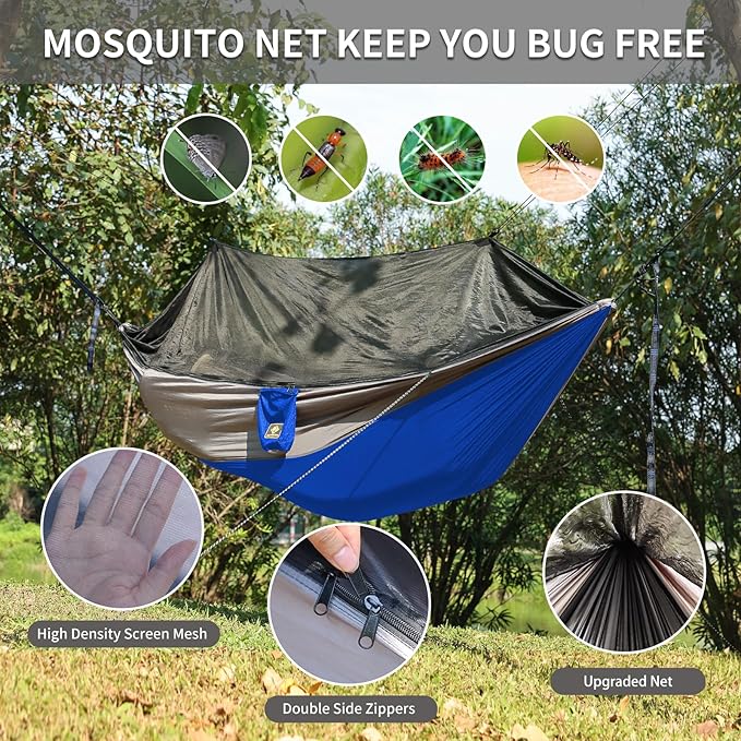 Camping Hammock with NetTravel Portable Lightweight Hammocks with Tree Straps and Solid D-Shape CarabinersParachute Nylon Hammock for Outsides Backpacking Beach Backyard Patio Hiking Blue &amp Grey