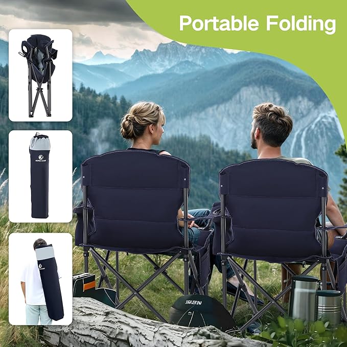 GREEN PARTY Folding Camping Chair Oversized Heavy Duty Lawn Chair with Cooler Bag Cup Holder Storage Pocket Collapsible Padded Outdoor Arm Chair Quad Lumbar