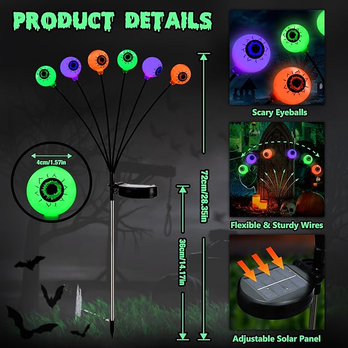 BrizLabs 6 Pack 36 LED Halloween Solar Eyeball Lights 2 Modes Outdoor Halloween Pathway Lights Solar Spooky Path Light Waterproof Swaying Firefly Light for Yard Garden Lawn Orange &amp Purple &am
