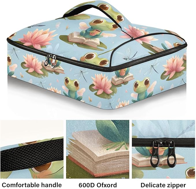 Casserole Carrier Green Frog and FlowersInsulated Casserole Carrier for Hot or Cold Food Thermal Lunch Tote for Potluck Parties Picnic Beach Fits 9 x 13 Inches Baking Dish