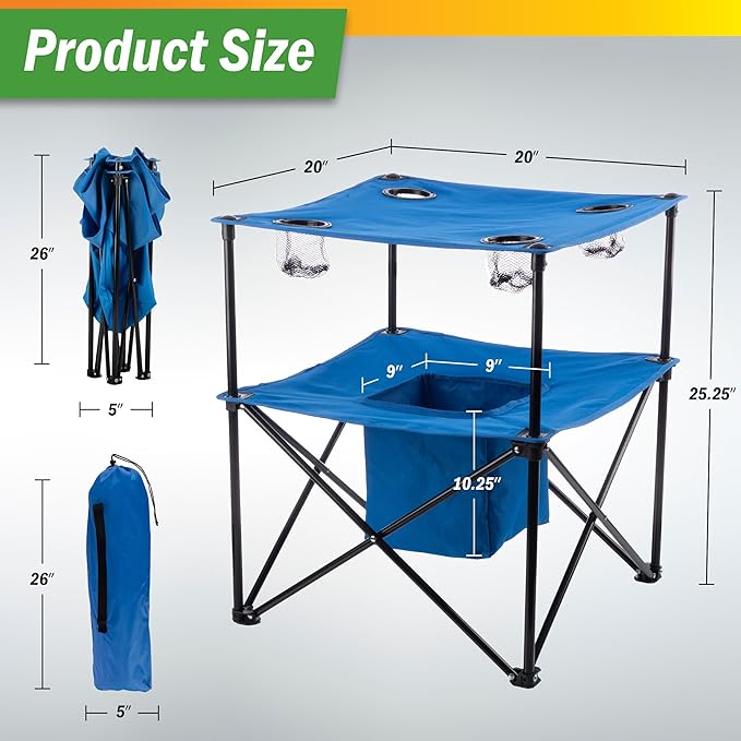 Wakeman Folding Camping Table - Small Folding Table Portable Outdoor Lightweight Tabletop with 4 Cupholders Food Basket and Travel Bag for Camp Beach or Tailgating Essentials Outdoors (Blue)