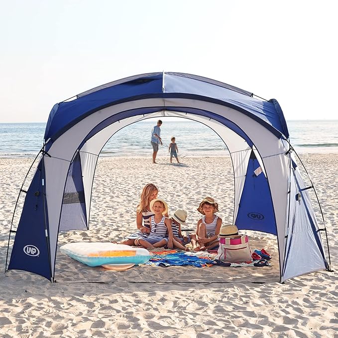 UNP Easy Beach Tent Pop Up Canopy UPF50+ Tent with Side Wall Ground Pegs and Stability Poles Sun Shelter Rainproof Waterproof for Camping Trips Backyard Fun Party Or Picnics