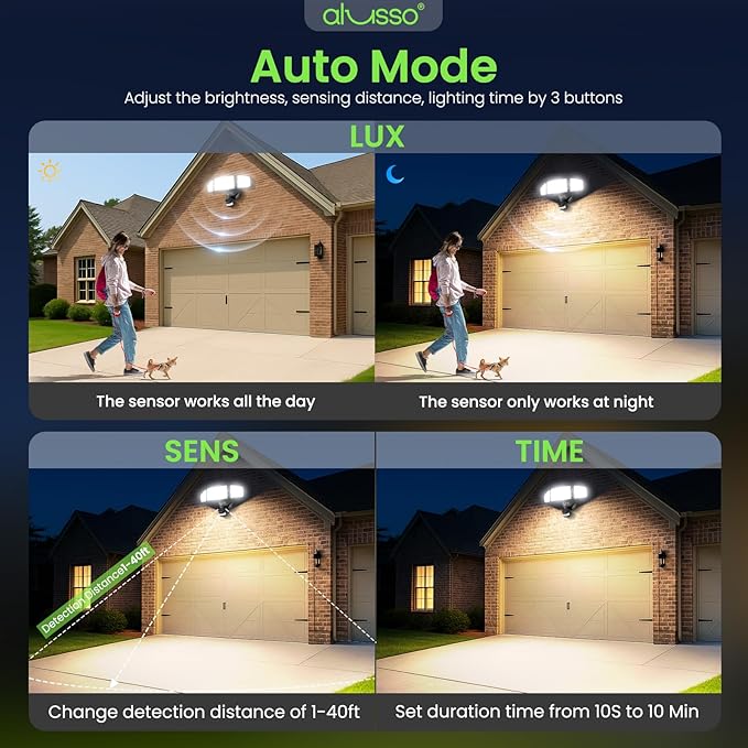 ALUSSO LED Security Lights Motion Sensor 120V 60W 6000LM 3 Modes Flood Lights Outdoor Motion Sensor 3CCT 3 Heads Outdoor Security Light Wet Location Use for House Garage Yard Walkway Black