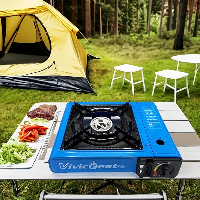 Vivicreate 7000 BTU Portable Butane Gas Stove for Camping Cooking Outdoor Lightweight Portable Stove Burner with Auto Ignition Estufa de Gas Portátil para Camping al Aire Libre（Blue）