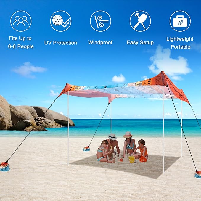 Beach Tent Beach Canopy Sun Shade Sail UPF 50+ Portable 10×10 FT Camping Sun Shelter with Sandbags Poles Ground Pegs and Anti-Wind Ropes for Outdoor Backyard Picnics Sport Fishing
