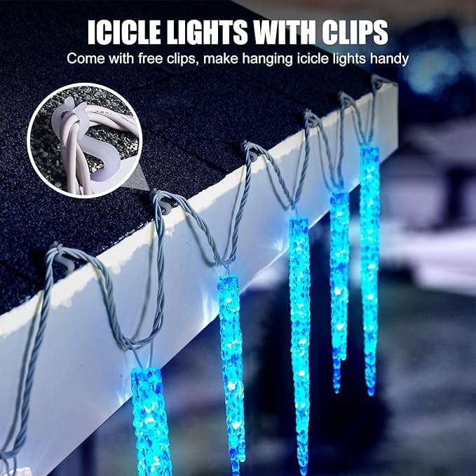 Minetom Icicle Lights Outdoor With Clips 20ft 100 LED 20 Tubes Twinkling Crystal String Lights Connectable Waterproof Hanging Christmas Lights Plug in for Eave Outdoor Blue
