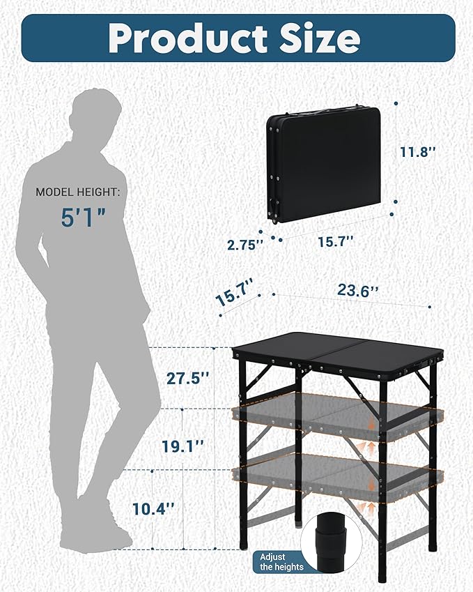 LOFTEY Small Folding Camping Table 2ft Aluminum Portable Folding Table 3 Adjustable Heights | Portable Handle | Lightweight for Travel &amp Outdoor 23.6 x 15.7 x 27.5H Black