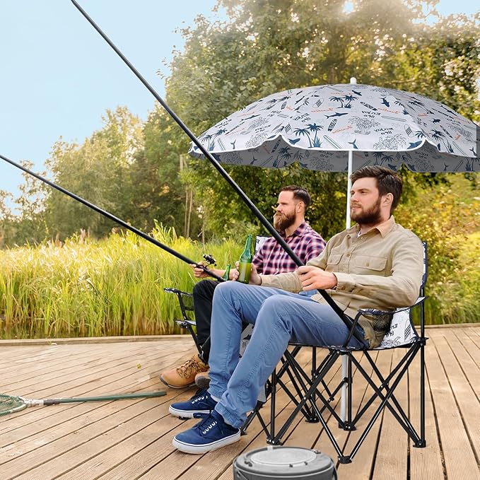 Double Camping Chair with Removable UmbrellaFolding Two-Person Seat Beach Chairs with Cup Holder Cooler BagFolding Camping Loveseat Chairs for Sports Lawn Patio Outside (Coconut Tree)