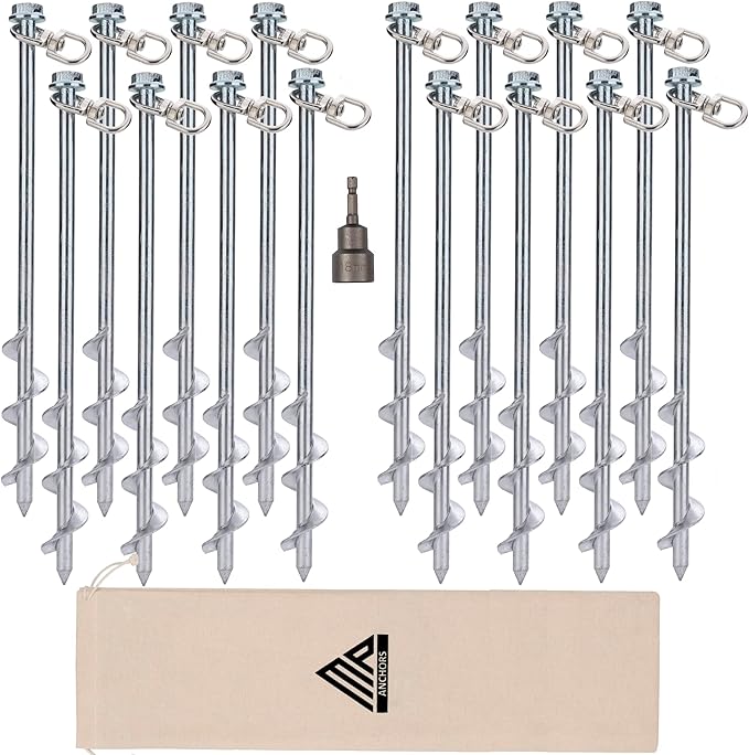Ground Anchors Screw in - 12 Set of 16 with Drill Bit - Earth Anchors - Ground Stakes Heavy Duty - Mobile Home Anchors - Shed Anchor Kit - Swing Set Anchors - Tree Stakes - Awning Canopy Anchor