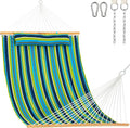 Lazy Daze Hammocks 12 FT Quilted Fabric Double Hammock with Spreader Bars and Detachable Pillow 450lbs Weight Capacity Blue Green Stripes