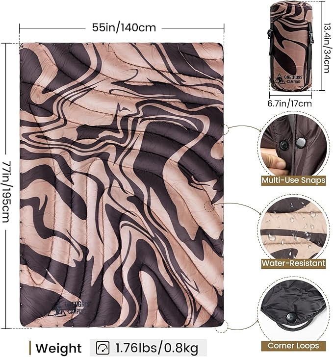 ONETIGRIS Ultralight Camping Blanket Packable Puffy Quilt Puffy Printed Camping Blanket with Snap Buttons &amp Corner Loops for Backpacking Hiking &amp Travel