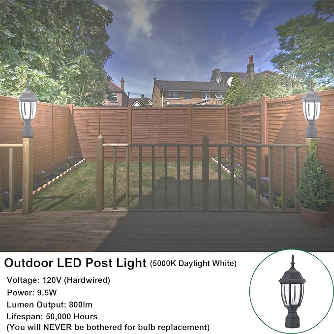 LIT-PaTH LED Outdoor Post Lighting Fixture Pole Lantern 9.5W 800 Lumens 5000K Daylight White Aluminum Housing Plus Glass Matte Black Finish 1-Pack