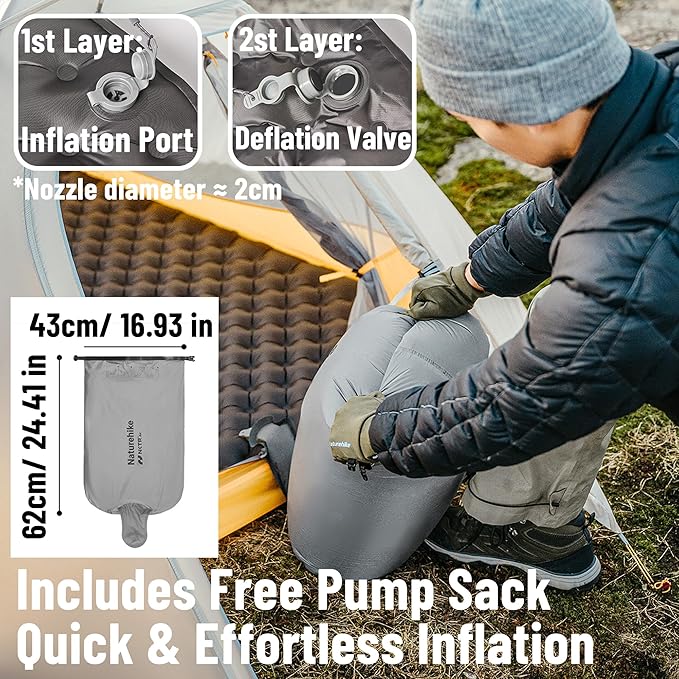 Naturehike 1.2 lbs Ultralight Sleeping Pad - 6.5 R-Value Insulated Inflatable Sleeping Pad 10cm Thickened Portable Compact Backpacking Sleeping Mat for Camping Hiking Climbing with Inflatable Bag