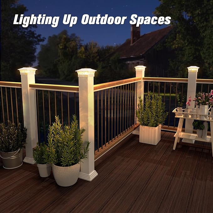 Solar Post Cap Lights Outdoor 6pack Waterproof Solar Powered Deck Fence Post Lights Fit 4x4/5x5/6x6 Wood/Vinyl Posts White Vinyl Fence Post lights with Warm/Cool White for garden Patio Porch Deck