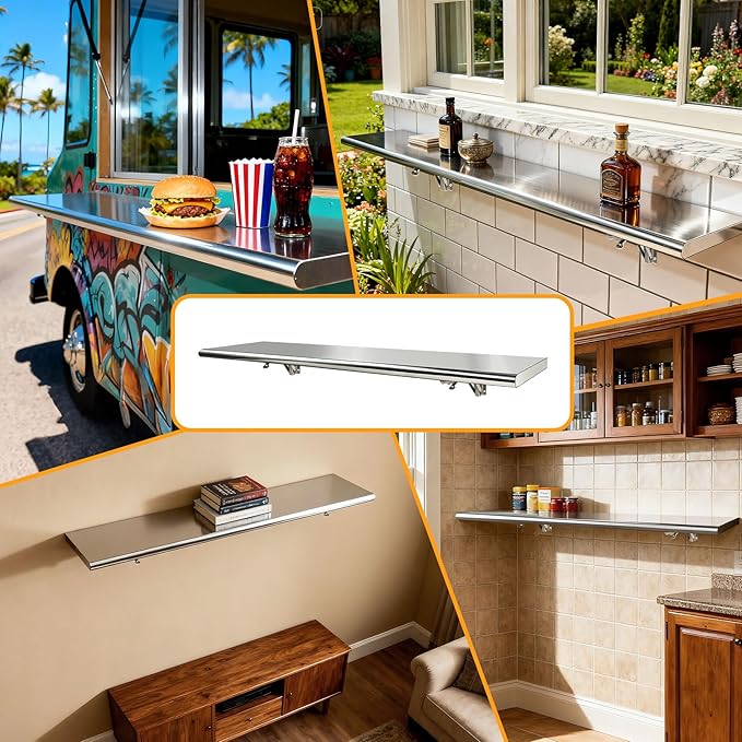 48x12 Inch Folding Concession Shelf Stainless Steel Food Shelf Stand Serving for Concession Serving Window Food Truck Kitchen Counter