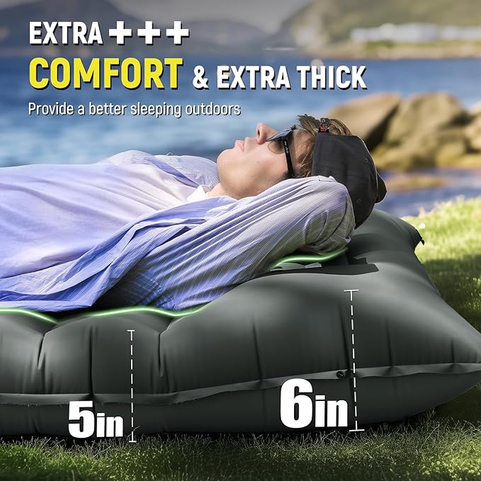 Inflatable Camping Sleeping Pad with Pillow 5 Extra-Thick Ultralight Inflatable Sleeping Mat with Built-in Pump Camping Air Mattress Compact for Backpacking Hiking Trap Traveling (Grey)