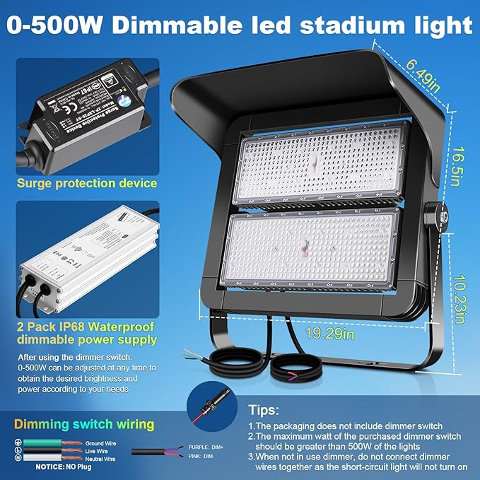 75000LM Dimmable Led Stadium Flood Light 3000W Equivalent Super Bright 0-500w Led Arena Lights 100-277v 5000k Yoke Mount Ip66 Waterproof Outdoor Wall Light Commercial forYardBarnCourt