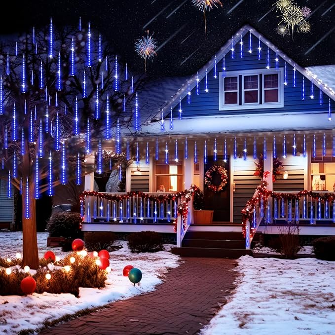 KNONEW 40 Tubes 1120 LED Meteor Shower Lights Christmas Lights Outdoor Plug in Waterproof Falling Rain Light for Xmas Tree Wedding Party Garden Holiday Rooftop Decorations (Blue)
