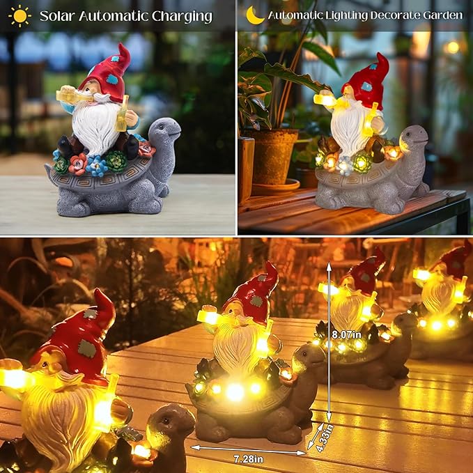 Gnome Garden Decor Statue with Solar Light Lantern Turtle with Succulent Birthday Gifts for Women Mom Grandma Funny Waterproof Resin Figurine Outdoor Decorations for Yard Patio Lawn Balcony Porch