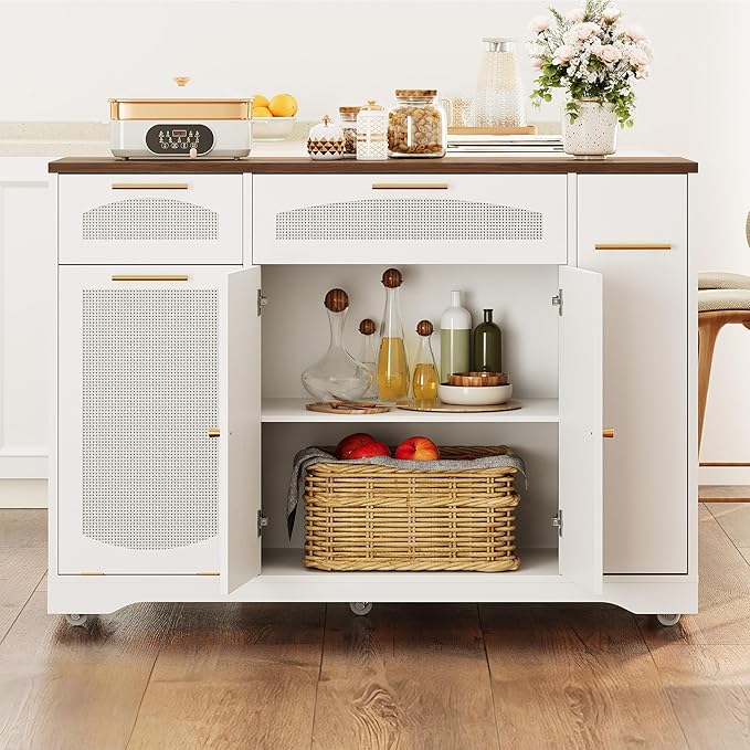 Rolling Kitchen Island Cart with Drop Leaf Storage Cabinets Drawers Tilt-Out Trash Can Spice Rack Narrow Movable Table for Small Spaces 47 on Wheels - Walnut Tabletop + White