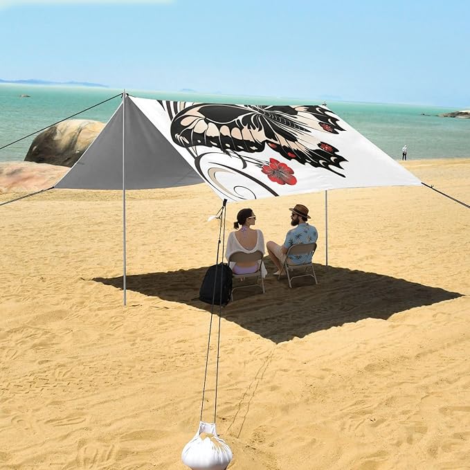 ALAZA Butterfly Red Flower Floral Beach Tent Sun Shelter UPF50+ Protection Beach Shade Canopy w/ 4 Sandbags for Outdoor Camping Fishing Backyard Fun Picnic 10x9 ft