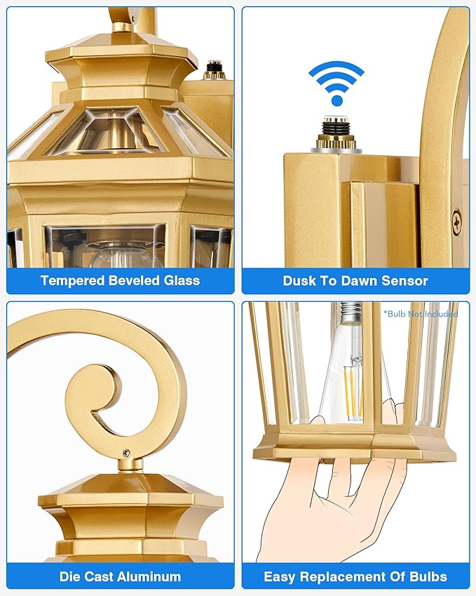 Outdoor Wall Lights Wall Mount 2-Pack Dusk to Dawn Front Porch Light Gold Modern Exterior Wall Sconce Exterior Garage Lighting Fixtures Weather Resistant Coach Lanterns Outdoor Anti-Rust