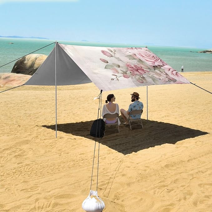 Beach Tent Sun Shelter Pink Elegant Peony Lightweight &amp Easy Setup Beach Shade Canopy for Camping Fishing