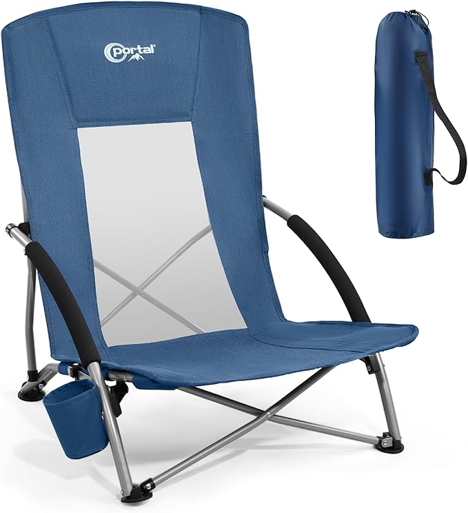 Portal Beach Chairs for Adults Camping Low Lightweight Portable Chair with Cup Holder Mesh Back Carry Bag for Outdoor Sand Lawn Travel Picnic Festival Concert