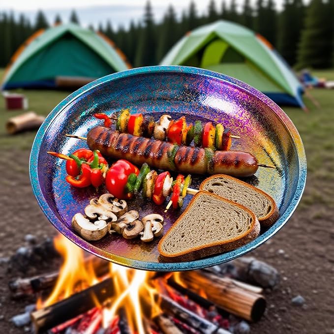 Titanium Camping Plates Lightweight Colorful Round Metal Dishes Durable Outdoor Utensils Rust-Proof Reusable Dinnerware Ideal for Hiking Picnic Camping Backpacking Home RT077T (L)