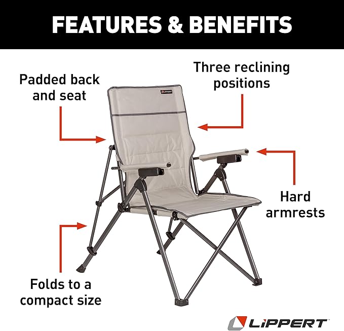 Lippert Sun Soaker Three-Position Reclining Camping Chair with 600D Polyester Fabric Padded Back/Seat Steel Frame Construction 250-lb. Weight Capacity Sand Color - 2022120580