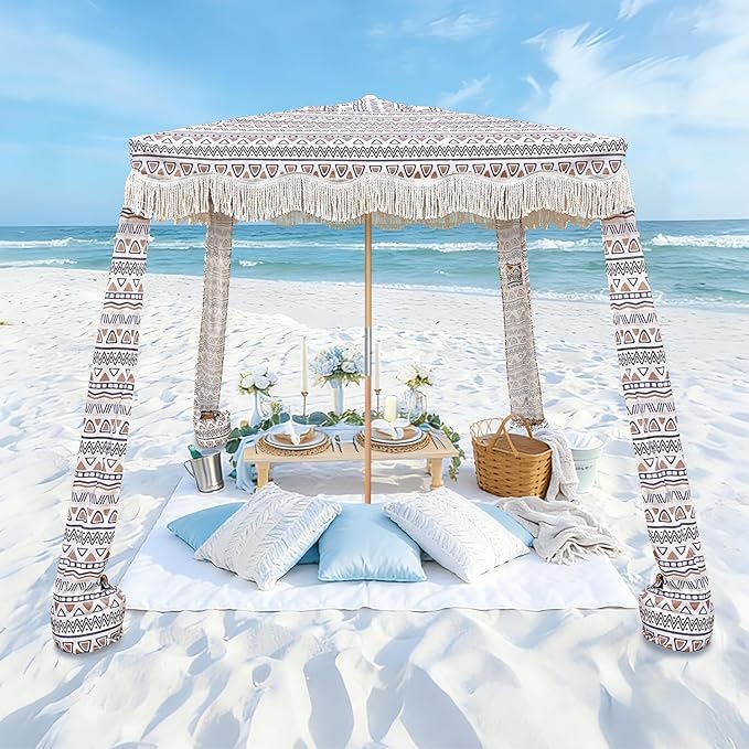AMMSUN Beach Cabana with Fringe 6.5' x 6.5' Boho Beach Canopy with Tassels Easy Set up &amp Premium Wood Pole Cabana Tent with Sand Pockets Instant Sun Shade for Sand Garden Patio Tan