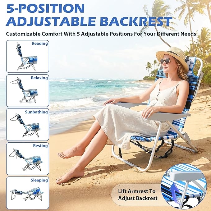 2 Pack Folding Beach Chairs for Adults Heavy Duty Compact Lightweight Portable Lay Flat Folding Chair with Backpack StrapsCup Holder Support to 300LBS for Patio Sand Tanning