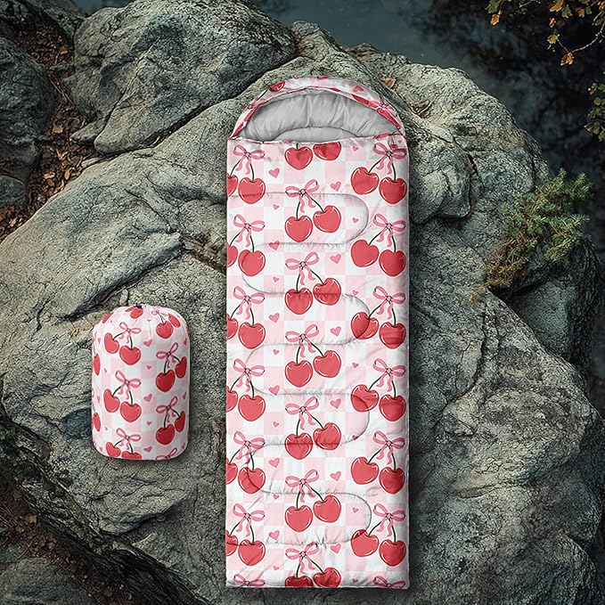 Pink Bow Sleeping BagGirly Princess Bowknot Camping Bag for Girls KidsPink and White Striped Lightweight Warm Portable Outdoor Indoor-Waterproof Cold Weather Resistant for Camping Hiking