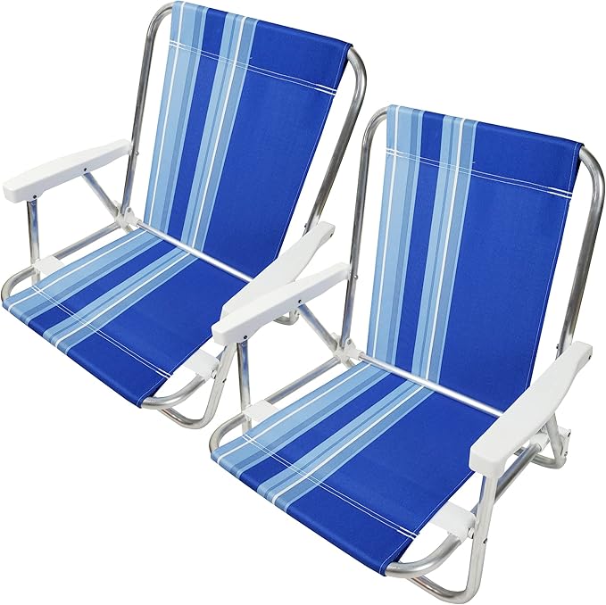 Beachland 1 Position Aluminum Folding Sand Chair with Armrests - Lightweight Beach Chair - Small and Portable (2 Pack Blue Stripes)