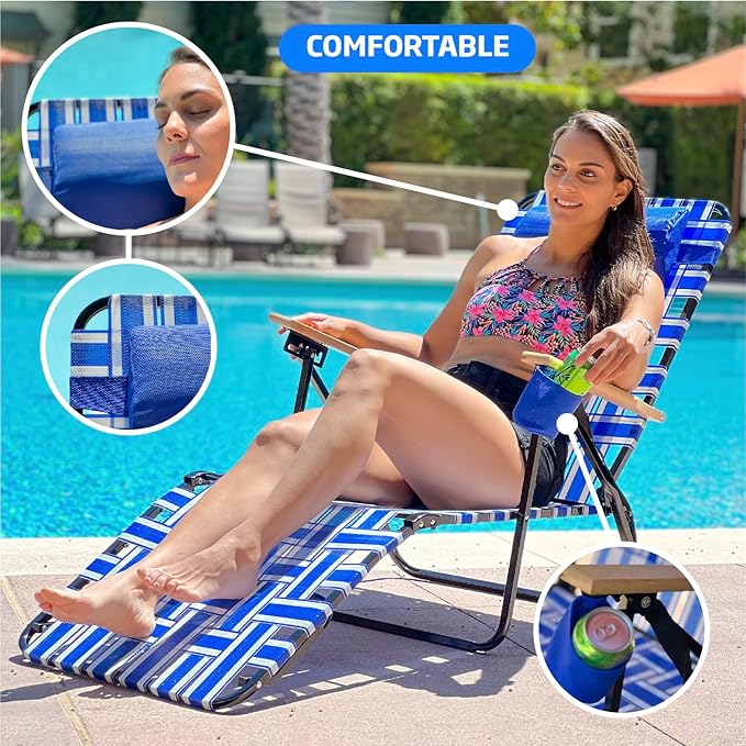 Webbing Patio Lounger Steel Chaise Lawn Chair Foldable Outdoor Great for Patio Camping Backyard Pool Wood Handles 1 Pack Blue