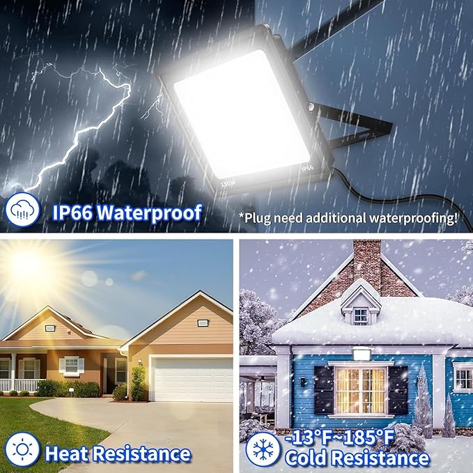 100W LED Outdoor Flood Lights with Plug 12000lm Bright Work Light with 5ft Cord 5000K Daylight White Exterior Floodlight IP66 Waterproof Security Light Yard Lights for Garage Stadium 2 Pack